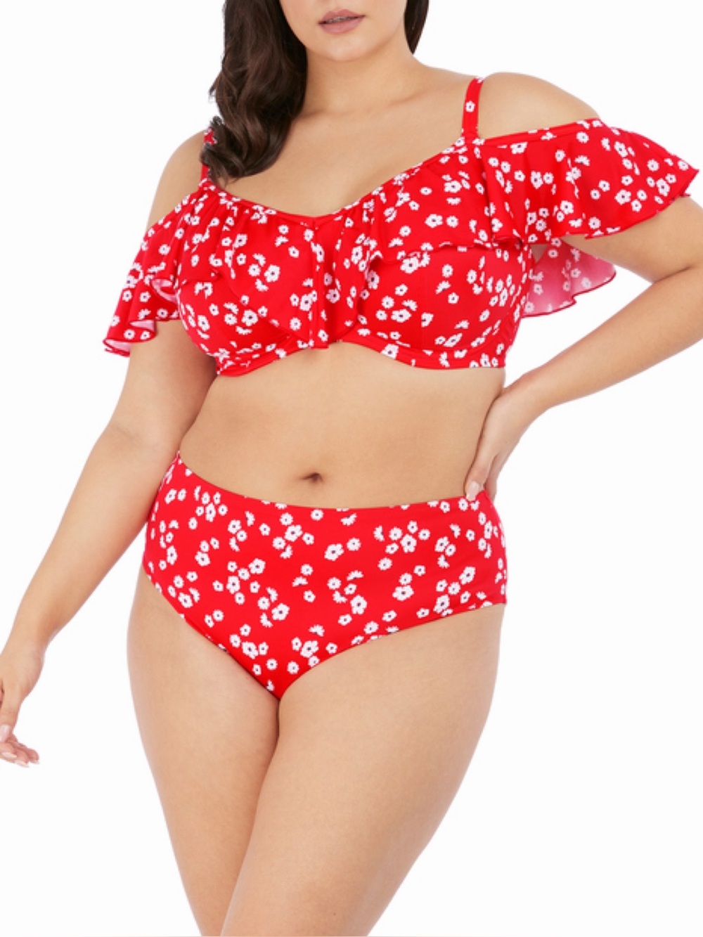 Elomi Plain Sailing Bardot Bikini Top Red Floral 38L Ruffle Shoulder Underwired